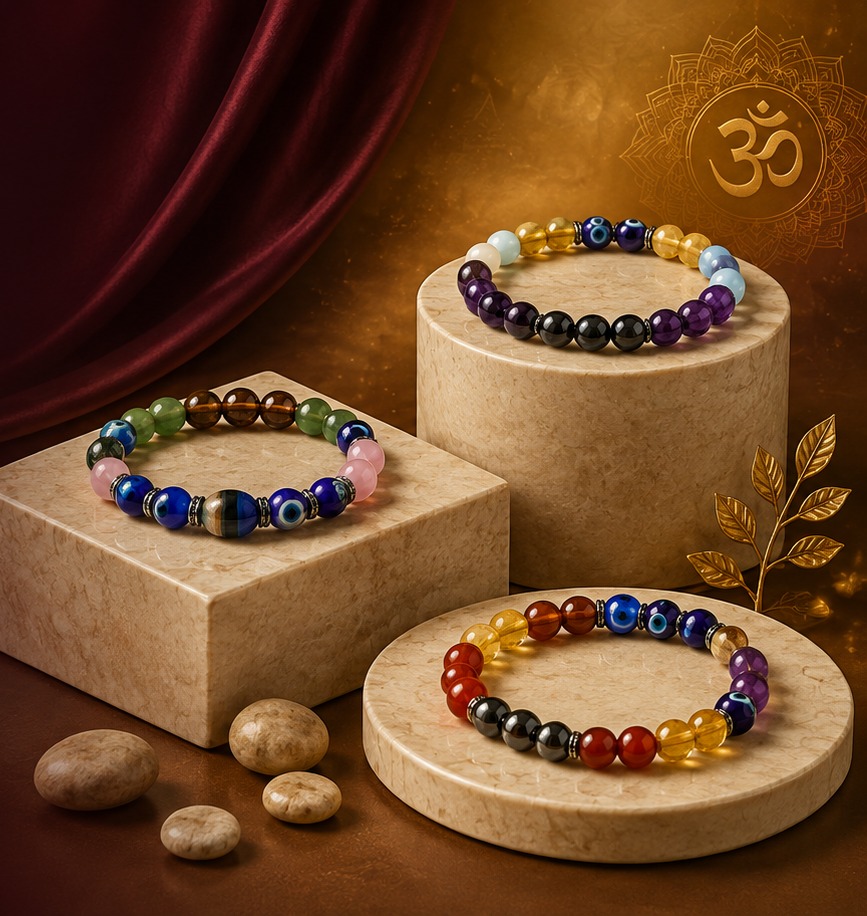 Three gemstone bead bracelets displayed on marble pedestals